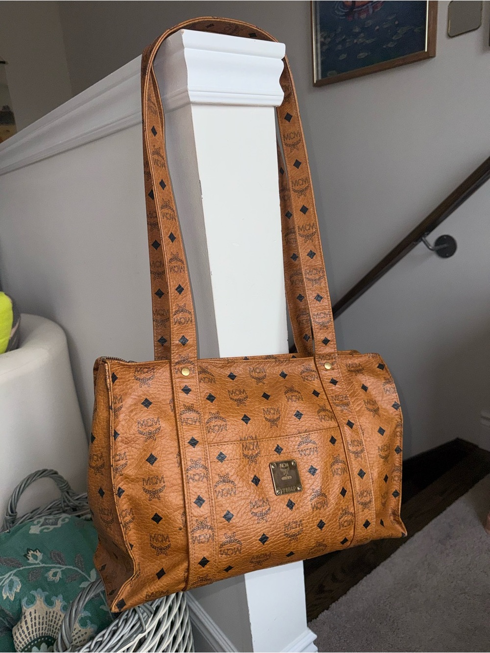 MCM Cognac Large Monogram Logo-Print Leather Shoulder Bag Tote Travel